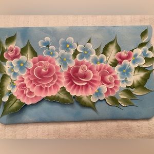 New Faux Leather Hand Painted Clutch Robins Egg Blue Pinks and Greenol Bo